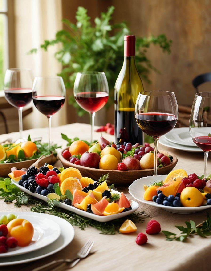 A whimsical table setting showcasing an array of gourmet dishes beautifully arranged with vibrant colors, featuring contrasting textures and ingredients that complement each other. Include elegant wine glasses with flowing wine, alongside fresh fruits and herbs enhancing the visual treat. The background should be a soft, inviting kitchen atmosphere filled with warm lighting, hinting at culinary adventures. super-realistic. vibrant colors. soft focus.
