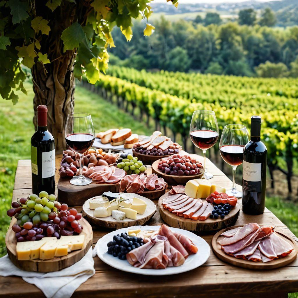 A beautifully arranged wine tasting setup featuring elegant crystal glasses filled with rich red and white wines, accompanied by an assortment of artisan meats such as prosciutto, salami, and smoked sausages. The scene is set on a rustic wooden table adorned with vibrant grapes and cheese platters, basking under warm, soft lighting that creates an inviting atmosphere. Include a picturesque vineyard in the background for a touch of romance and elegance. super-realistic. warm tones. inviting ambiance.