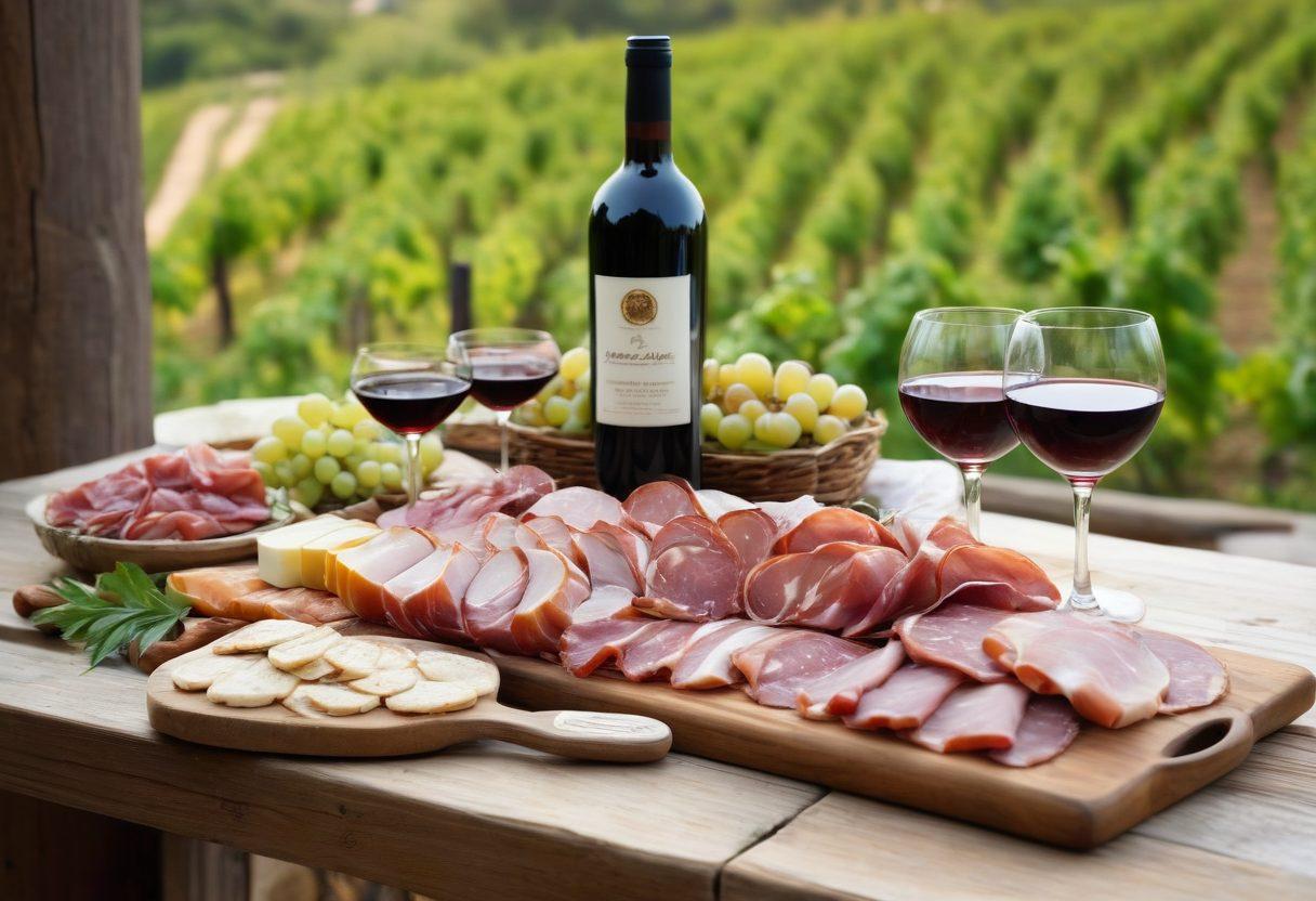 A rustic wooden table adorned with a variety of artisan meats, such as prosciutto and salami, alongside elegant wine bottles and glasses filled with red and white wine. Soft ambient lighting creates a warm atmosphere, while a backdrop of vineyard scenery hints at fine wine origins. Delicate herbs and fruits like figs and grapes are artistically arranged to add color and texture. The scene evokes a sense of craftsmanship and indulgence. super-realistic. vibrant colors. warm tones.